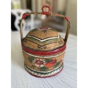 Asian Vintage Chinese Hokkien‎ Teochew Wedding Basket  Rattan Hakka Floral Motif